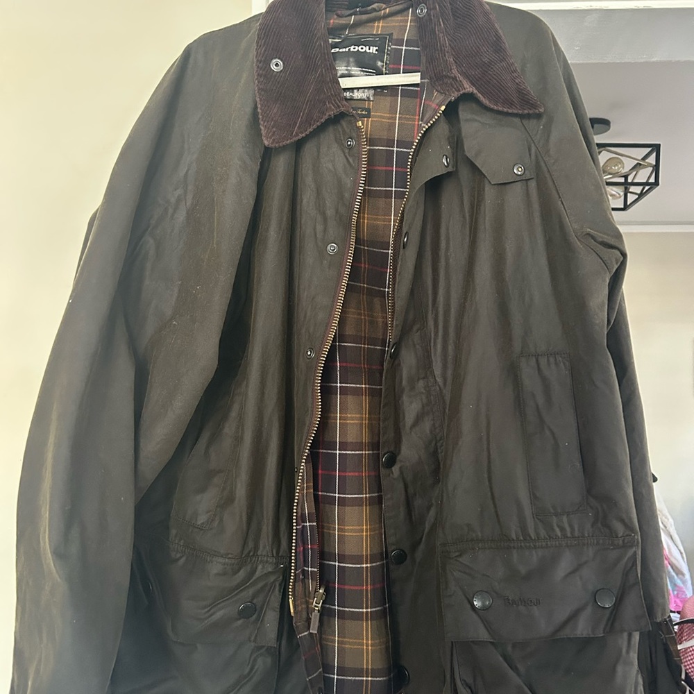 Barbour Olive Green Waxed Cotton Field Jacket with Brown Corduroy Collar